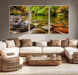 98096-MGV-CV-36X24-Serene River Waterfall Nature Photo – Calm Clear Water, Vibrant Green Forest and Smooth Stones Landscape Wall Art for Home or