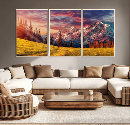 83947-MGV-CV-36X24-Sunset Mountain Landscape Wall Art – Panoramic Alpine Meadow and Snow Capped Peaks Canvas Print, Nature Scenic Decor for Home,