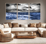 36012-MGV-CV-36X24-Dramatic Stormy Ocean Waves Black and White with Deep Blue Highlights – Moody Seascape Wall Art, Nature Photography Print for Home