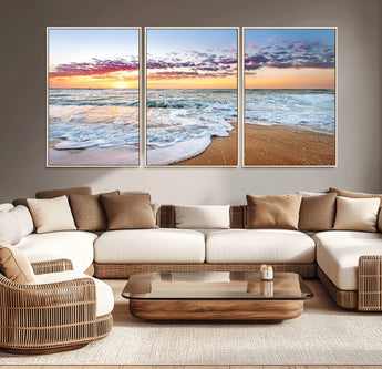 39560-MGV-CV-36X24-Sunrise Beach Wall Art – Vibrant Ocean Waves and Golden Sand Canvas Print, Seaside Coastal Decor for Living Room, Bedroom or