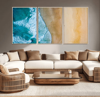 46640-MGV-CV-36X24-Aerial Beach Wall Art – Turquoise Waves and Golden Sand Canvas Print with Lone Surfer, Coastal Ocean Decor for Living Room,