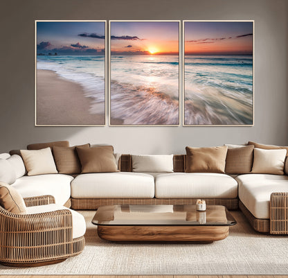 71849-MGV-FC-60X30-3P_Natural-Sunrise Ocean Beach Wall Art – Serene Seascape Canvas Print with Gentle Waves, Coastal Nature Decor for Bedroom, Living Room or