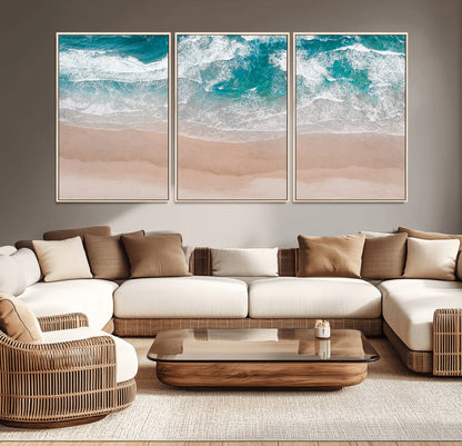 39236-MGV-CV-36X24-Ocean Beach Wall Art – Aerial View of Waves and Sand Canvas Print, Coastal Home Decor for Living Room, Bedroom, Office or Beach