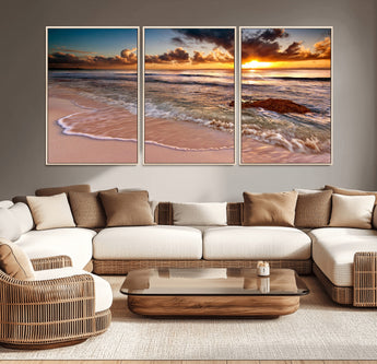 38302-MGV-CV-36X24-Sunset Beach Wall Art – Stunning Ocean Waves and Rock Canvas Print, Warm Coastal Decor for Living Room, Bedroom, Office or Beach
