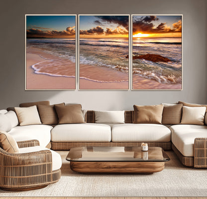 38302-MGV-CV-36X24-Sunset Beach Wall Art – Stunning Ocean Waves and Rock Canvas Print, Warm Coastal Decor for Living Room, Bedroom, Office or Beach