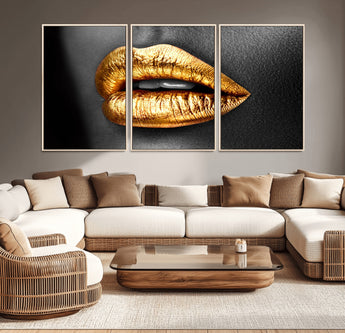 84747-MGV-CV-36X24-Golden Lips Black & White Portrait – Glamorous Metallic Lip Art Print, Modern Wall Decor for Bedroom, Beauty & Fashion Lover Gift