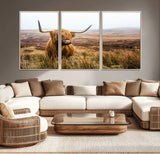 79391-MGV-CV-36X24-Majestic Highland Cow in Misty Scottish Moorland – Rustic Natural Charm, Perfect for Unique Home or Office Decor