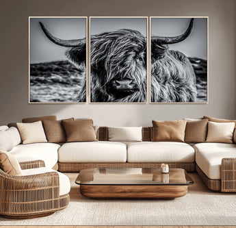 97372-MGV-CV-36X24-Elegant Highland Cow Wall Art – Black and White Canvas Print, Rustic Nature Decor for Home, Office, Living Room or Man Cave