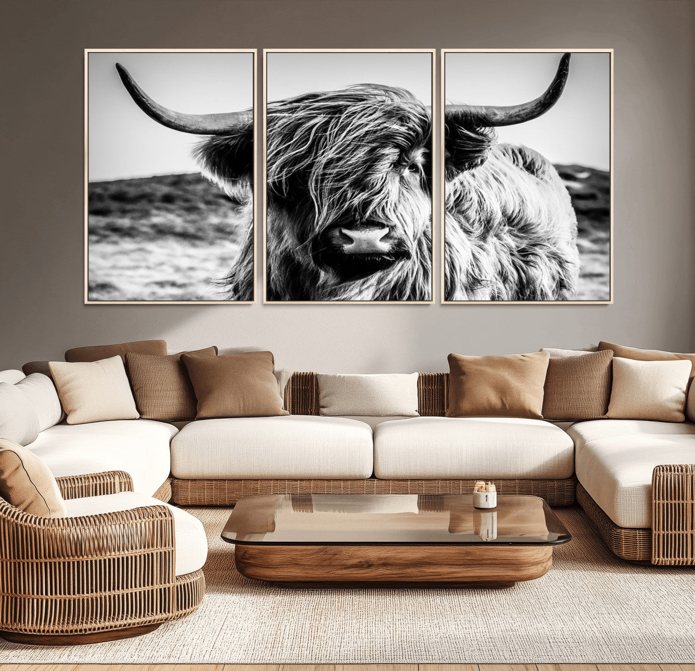 36979-MGV-CV-36X24-Striking black-and-white portrait of a Highland cow with flowing fur and majestic horns, perfect for rustic and elegant home or