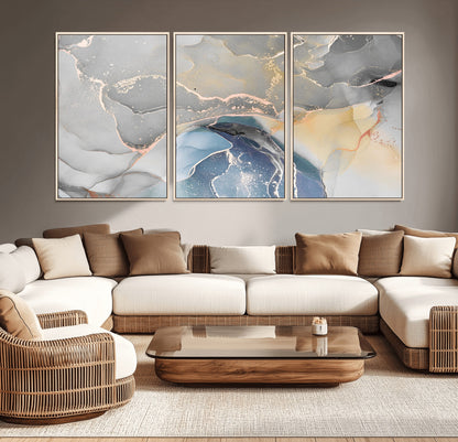 63211-MGV-CV-36X24-Abstract Fluid Art Wall Decor – Blue, Gray & Gold Canvas Print, Modern Home and Office Wall Art Decor for Living Room, Bedroom or