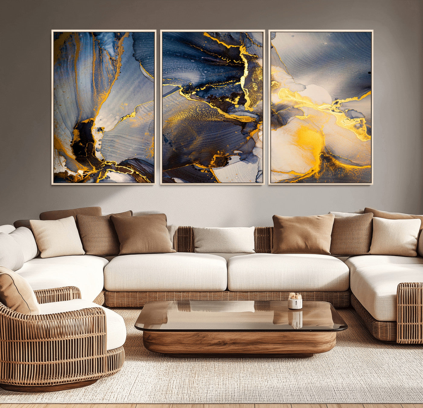 42100-MGV-CV-36X24-Golden Flow Abstract Wall Art – Panoramic Modern Blue and Gold Canvas Print, Contemporary Artistic Decor for Home, Office