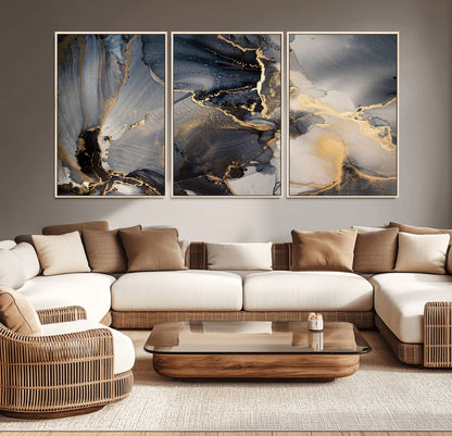 24068-MGV-CV-36X24-Luxury Abstract Wall Art – Gold & Gray Fluid Ink Painting Canvas, Modern Metallic Home Decor, Elegant Office or Living Room Accent