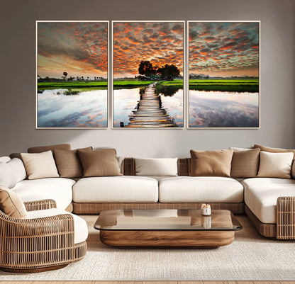 29105-MGV-CV-36X24-Rustic Wooden Bridge Wall Art – Scenic Sunset Over Rice Fields and Reflective Water Canvas Print, Nature Landscape Decor for