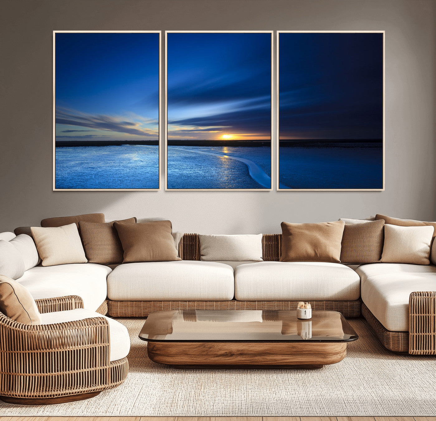 65405-MGV-CV-36X24-Blue Sunrise Seascape Wall Art – Tranquil Ocean Horizon Canvas Print with Golden Sunlight and Deep Sky, Coastal Landscape Decor