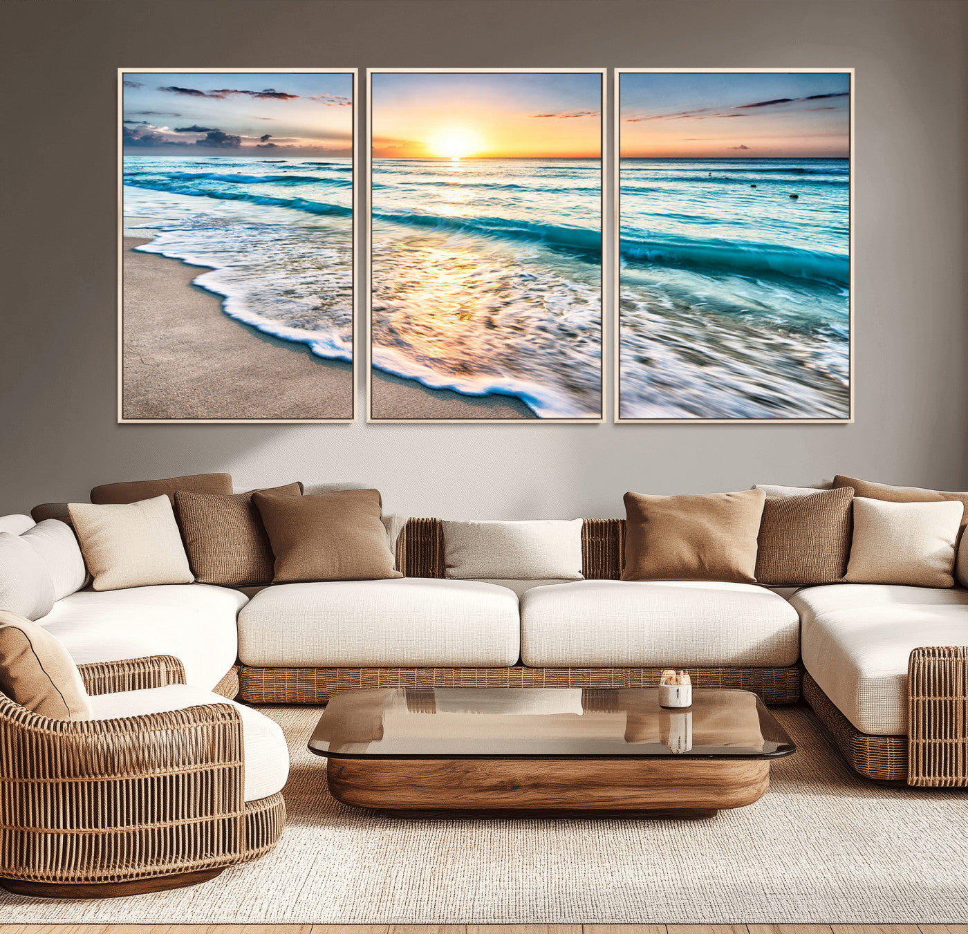 27815-MGV-CV-36X24-Ocean Sunrise Beach Wall Art – Serene Coastal Canvas Print with Waves and Golden Morning Light, Relaxing Seascape Decor for
