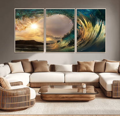 38256-MGV-CV-36X24-Ocean Wave Wall Art – Stunning Sunrise Through Curling Wave Canvas Print, Coastal Surf Photography Seascape Decor for Living Room,