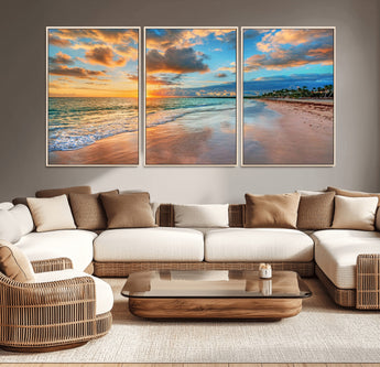 41572-MGV-CV-36X24-Sunset Beach Wall Art – Ocean Waves and Palm Trees Canvas Print, Tropical Coastal Sunset Seascape Decor for Living Room, Bedroom