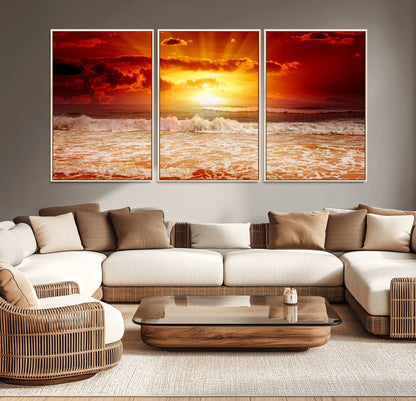 60211-MGV-CV-36X24-Fiery Sunset Ocean Waves Canvas Print – Vibrant Red & Orange Coastal Wall Art, Dramatic Seascape Decor