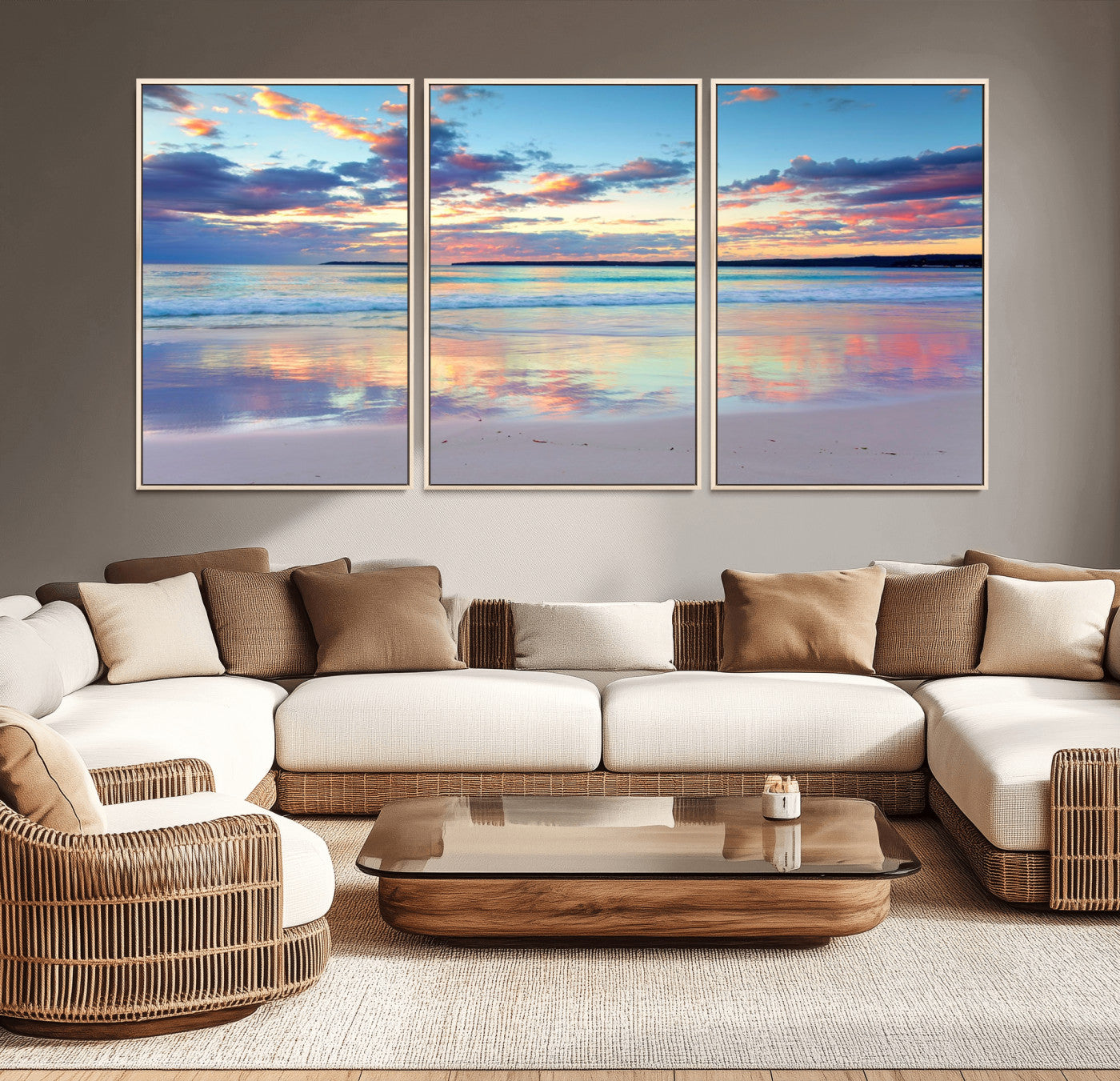 56723-MGV-CV-36X24-Serene Sunset Beach Wall Art – Panoramic Coastal Canvas Print, Peaceful Ocean Reflection Decor for Living Room, Bedroom or Office
