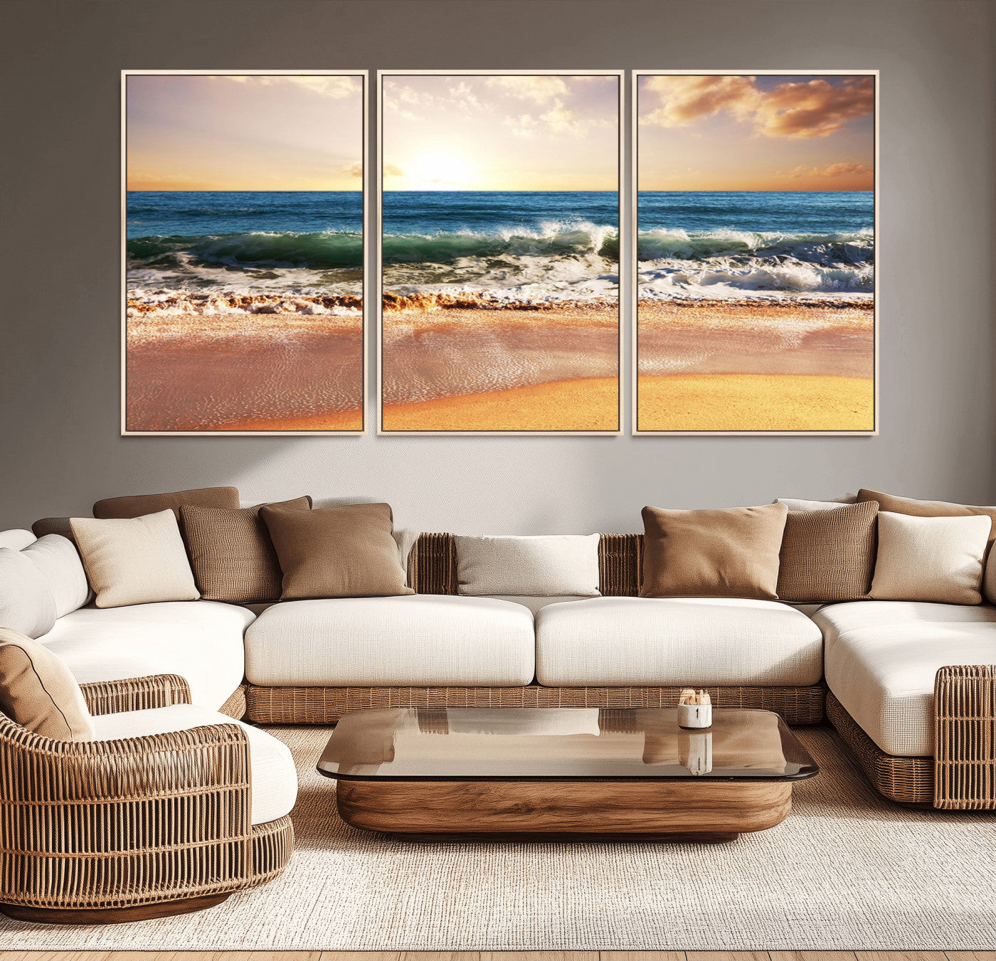 79005-MGV-CV-36X24-Golden Sunrise Ocean Waves Wall Art – Panoramic Seashore Canvas Print, Calming Coastal Decor for Home, Office or Relaxation Space