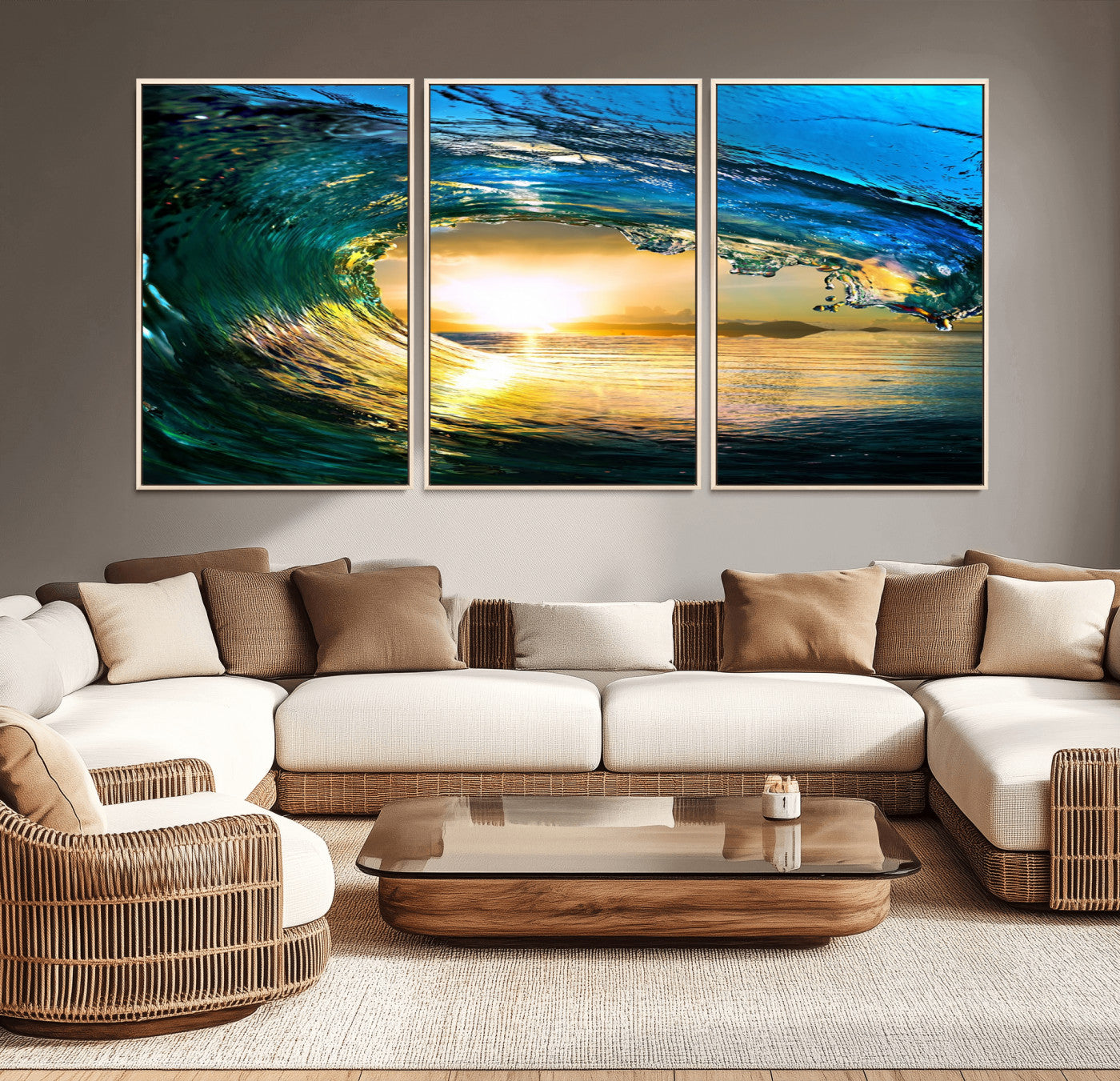 19378-MGV-CV-36X24-Ocean Wave Sunset Wall Art – Vibrant Surf and Golden Horizon Canvas Print, Coastal Seascape Photography for Living Room, Bedroom,