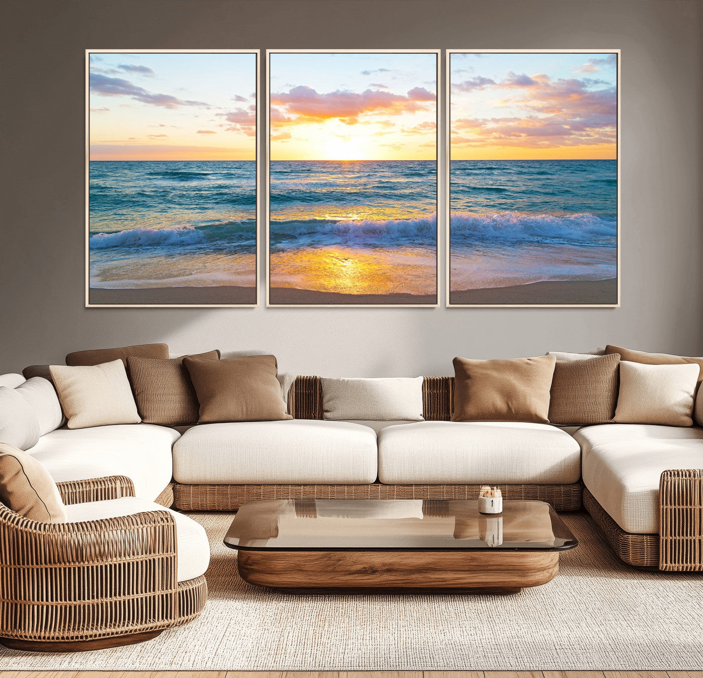 78006-MGV-CV-36X24-Golden Sunrise Ocean Wall Art – Panoramic Beach Waves Canvas Print, Coastal Seascape Artwork for Living Room, Bedroom, Office, or