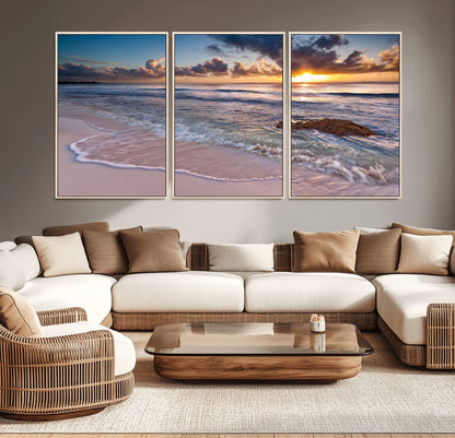94906-MGV-CV-36X24-Sunrise Beach Wall Art – Panoramic Ocean Waves Canvas Print, Coastal Sunset Seascape Artwork for Living Room, Bedroom, or Office