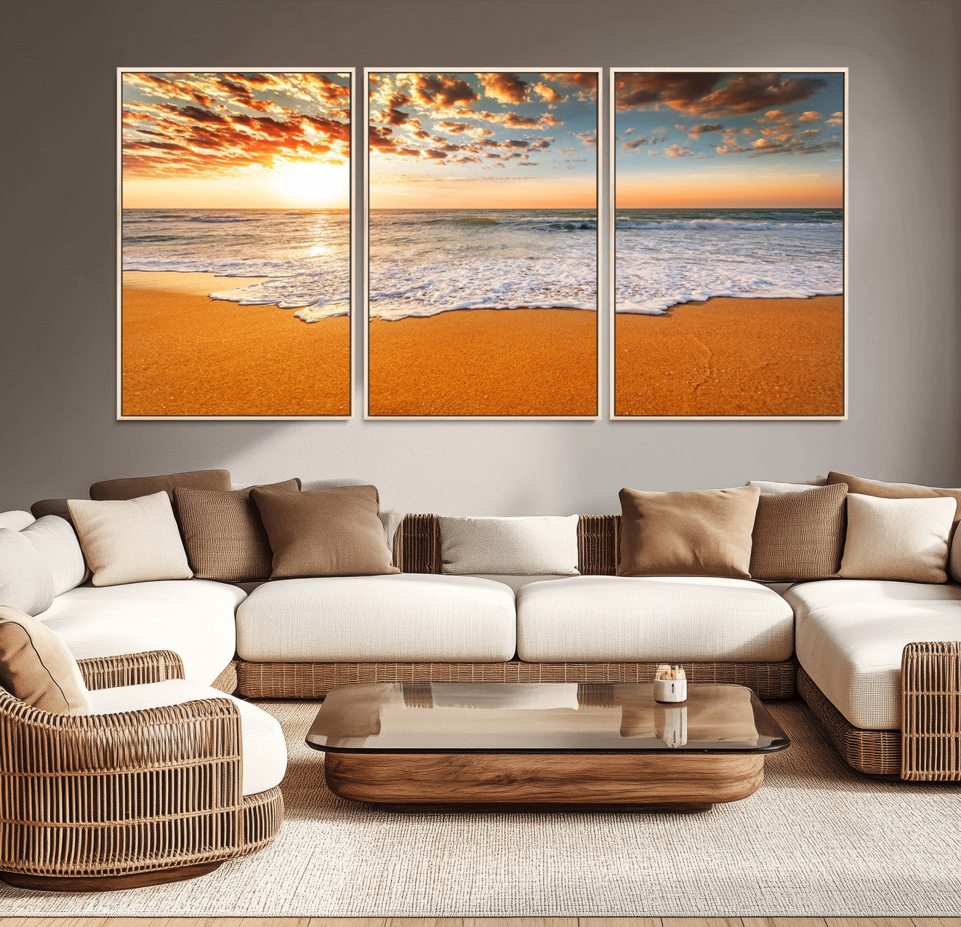 15399-MGV-CV-36X24-Golden Sunrise Beach Wall Art – Ocean Waves on Sandy Shore Canvas Print, Coastal Seascape Decor for Living Room or Bedroom