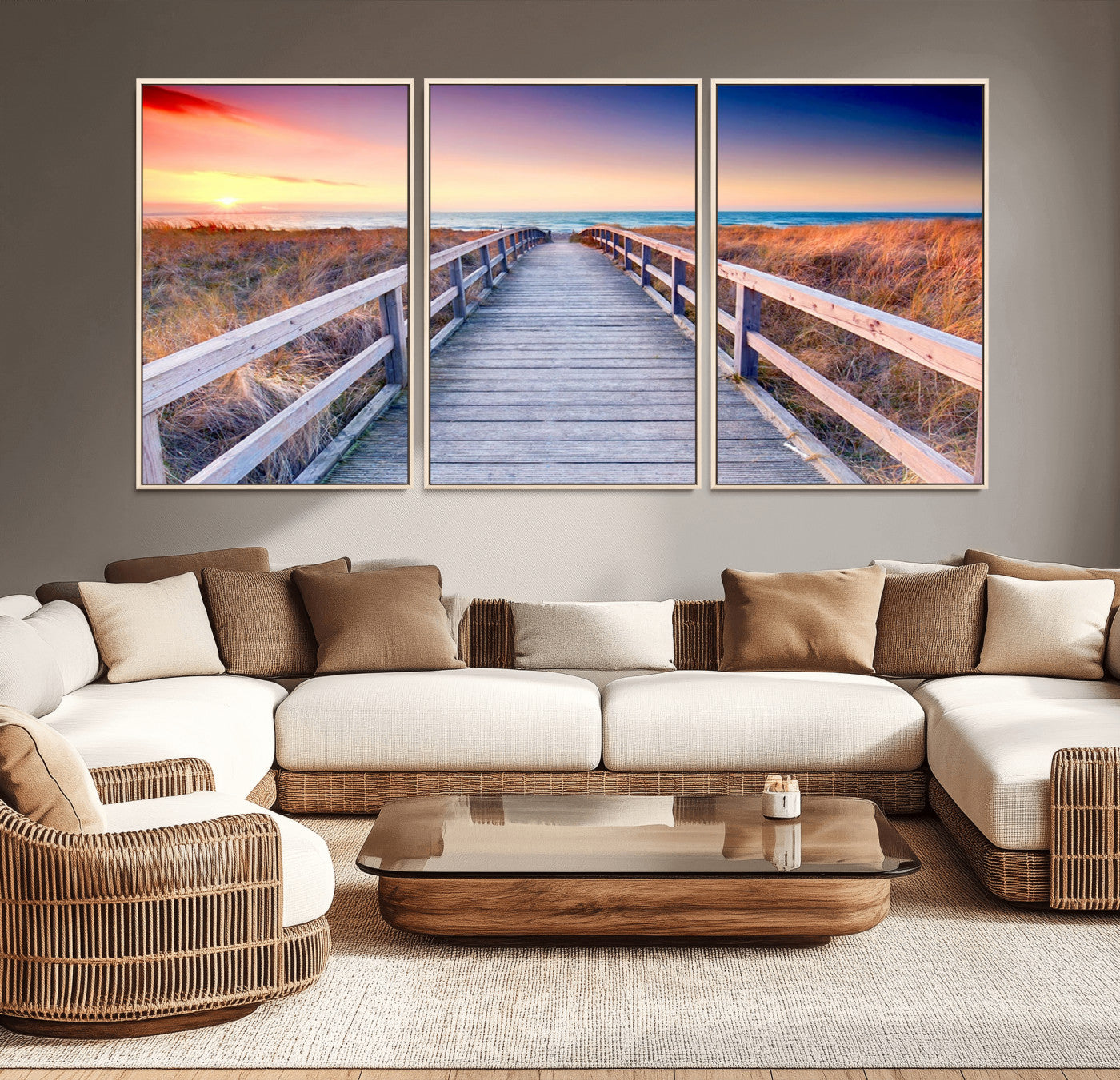 60625-MGV-CV-36X24-Beach Boardwalk Sunrise Wall Art – Coastal Pathway to Ocean Canvas Print, Seaside Landscape Decor for Home or Office