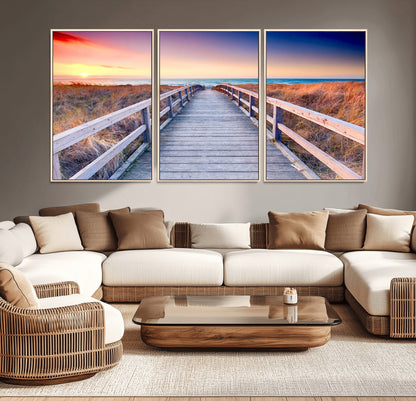 60625-MGV-CV-36X24-Beach Boardwalk Sunrise Wall Art – Coastal Pathway to Ocean Canvas Print, Seaside Landscape Decor for Home or Office