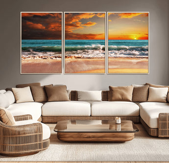 72948-MGV-CV-36X24-Ocean Sunset Wave Wall Art – Dramatic Seascape Canvas Print with Golden Sky and Crashing Waves, Coastal Beach Decor for Living
