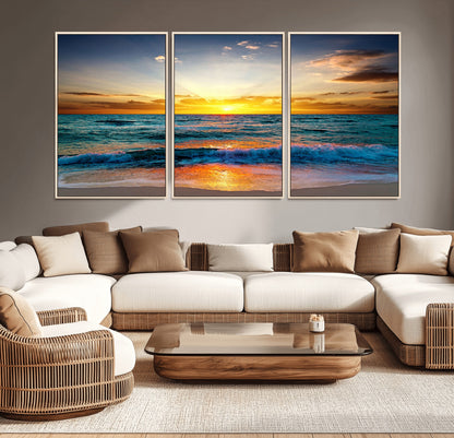 50627-MGV-CV-36X24-Ocean Sunset Wall Art – Serene Beach Canvas Print with Waves and Golden Sky, Coastal Decor for Living Room or Office