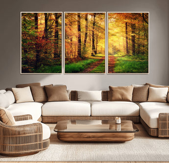 73494-MGV-CV-36X24-Golden Autumn Forest Path Wall Art – Sunlit Woodland Canvas Print, Fall Nature Landscape Home Decor