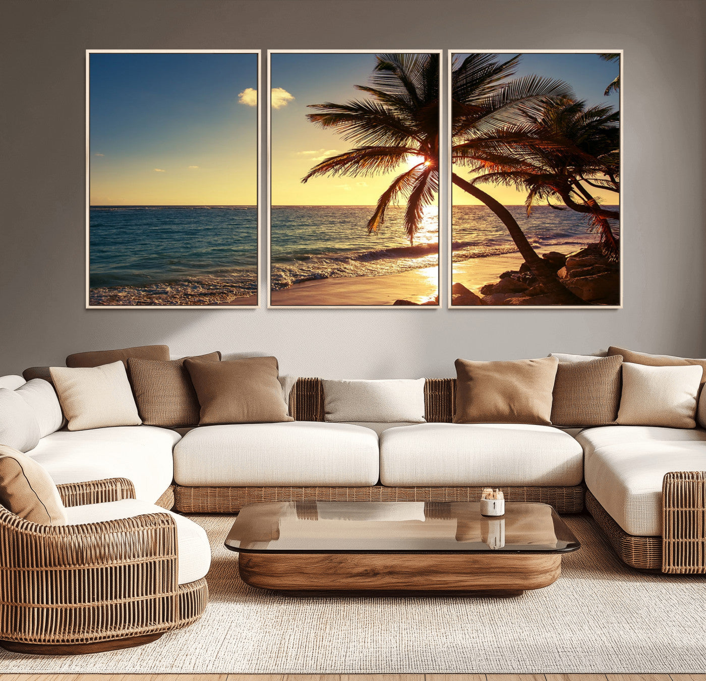 82710-MGV-CV-36X24-Palm Tree Sunset Beach Wall Art – Tropical Ocean Canvas Print, Coastal Paradise Seascape Decor for Living Room or Office Wall