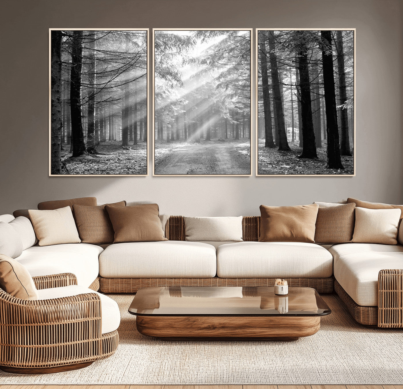 39665-MGV-CV-36X24-Black and White Forest Path Wall Art – Sunlight Rays in Trees Canvas Print, Nature Landscape Decor for Living Room