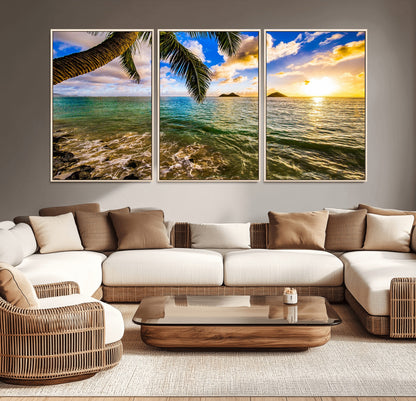 68606-MGV-CV-36X24-Tropical Palm Tree Ocean Wall Art – Sunset Beach Seascape Print, Coastal Paradise Decor for Living Room or Office