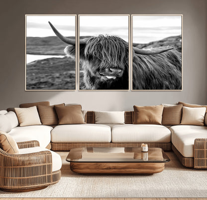 83810-MGV-CV-36X24-Highland Cow Wall Art – Black and White Highland Cattle Print, Rustic Farmhouse Animal Decor for Living Room