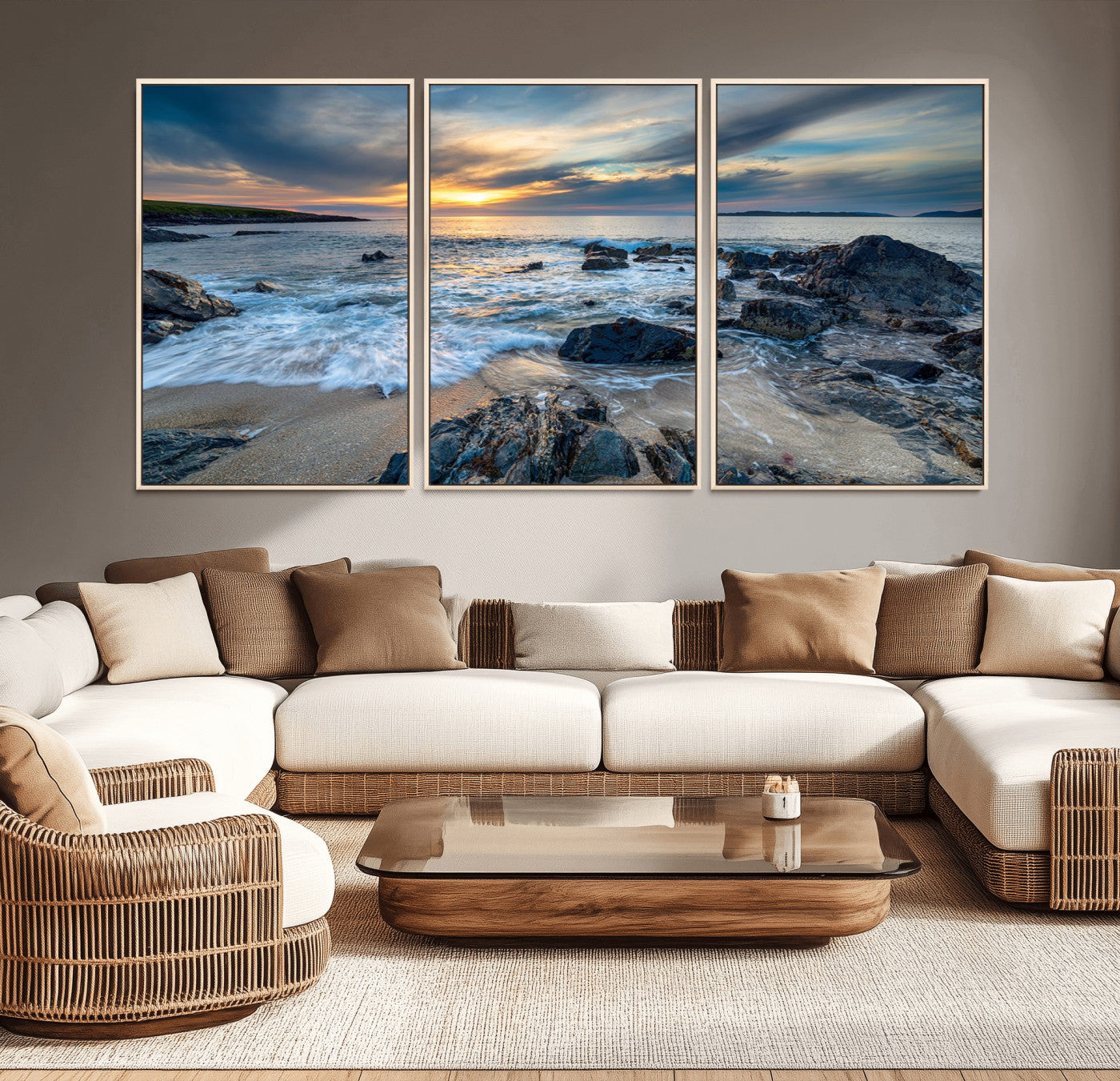 17902-MGV-CV-36X24-Rocky Shore Ocean Sunset Wall Art – Coastal Seascape Canvas Print, Nature Beach Decor for Living Room or Office