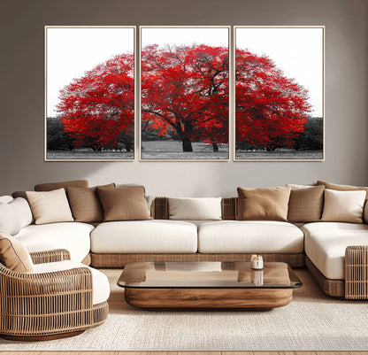 80021-MGV-CV-36X24-Red Tree Wall Art – Striking Black and White Landscape Canvas Print with Vibrant Red Leaves, Modern Nature Decor for Living Room