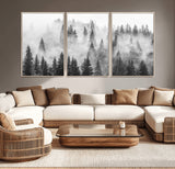 10422-MGV-CV-36X24-Misty Pine Forest Wall Art – Black and White Foggy Landscape Canvas Print, Serene Nature Woodland Decor for Bedroom, Office or