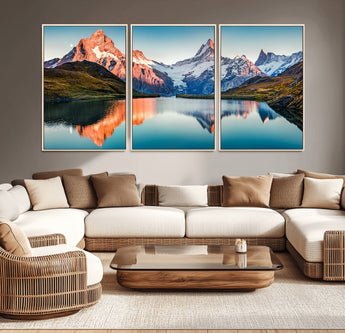 88453-MGV-CV-36X24-Mountain Lake Wall Art – Snow-Capped Peaks Reflected in Alpine Water Canvas Print, Nature Landscape Wall Decor for Living Room or