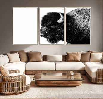 68780-MGV-CV-36X24-Bison Close-Up Wall Art – Black and White Buffalo Canvas Print, Rustic Wildlife Photography Decor for Living Room, Office, or