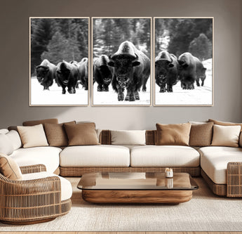 62434-MGV-CV-36X24-Bison Herd Wall Art – Majestic Black and White Buffalo Canvas Print, Wildlife Nature Photography Decor for Living Room, Office or