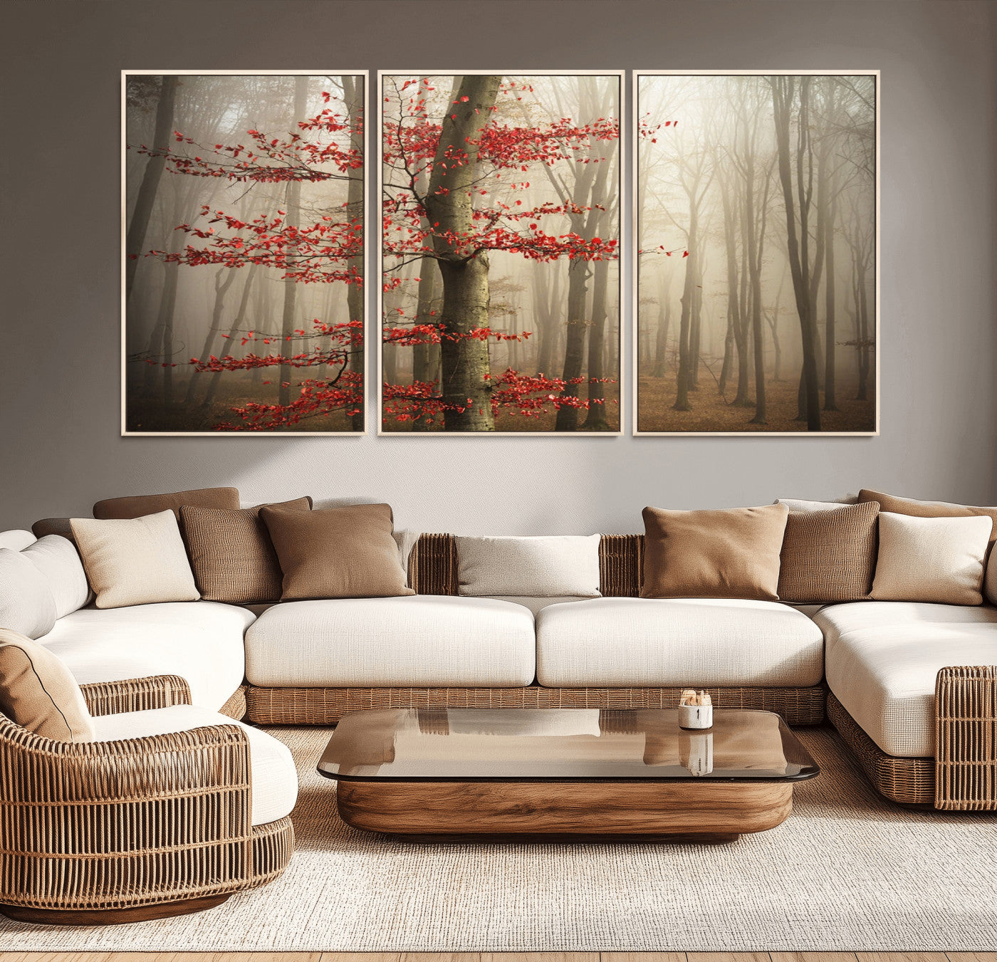 61855-MGV-CV-36X24-Misty Forest Wall Art – Red Tree with Autumn Leaves Canvas Print, Moody Woodland Nature Decor for Living Room, Bedroom, or Office