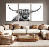 10123-MGV-CV-36X24-Black and White Highland Cow Wall Art – Modern Farmhouse Animal Print, Rustic Scottish Bull Canvas Decor for Living Room, Bedroom,