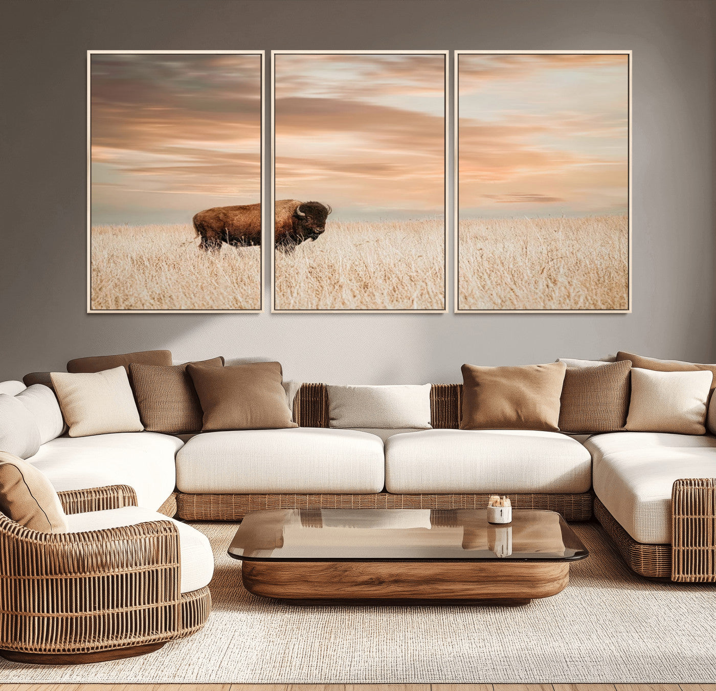 99699-MGV-CV-36X24-Bison in Prairie at Sunset – Wildlife Photography Print, American Buffalo Wall Art, Nature Landscape Canvas Decor for Office