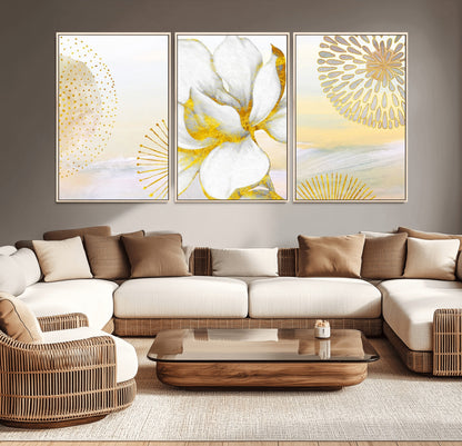 82301-MGV-CV-60X30-3P-Modern Floral Wall Art – White Flower with Gold Detailing Canvas Print, Elegant Abstract Artwork for Living Room, Bedroom, or