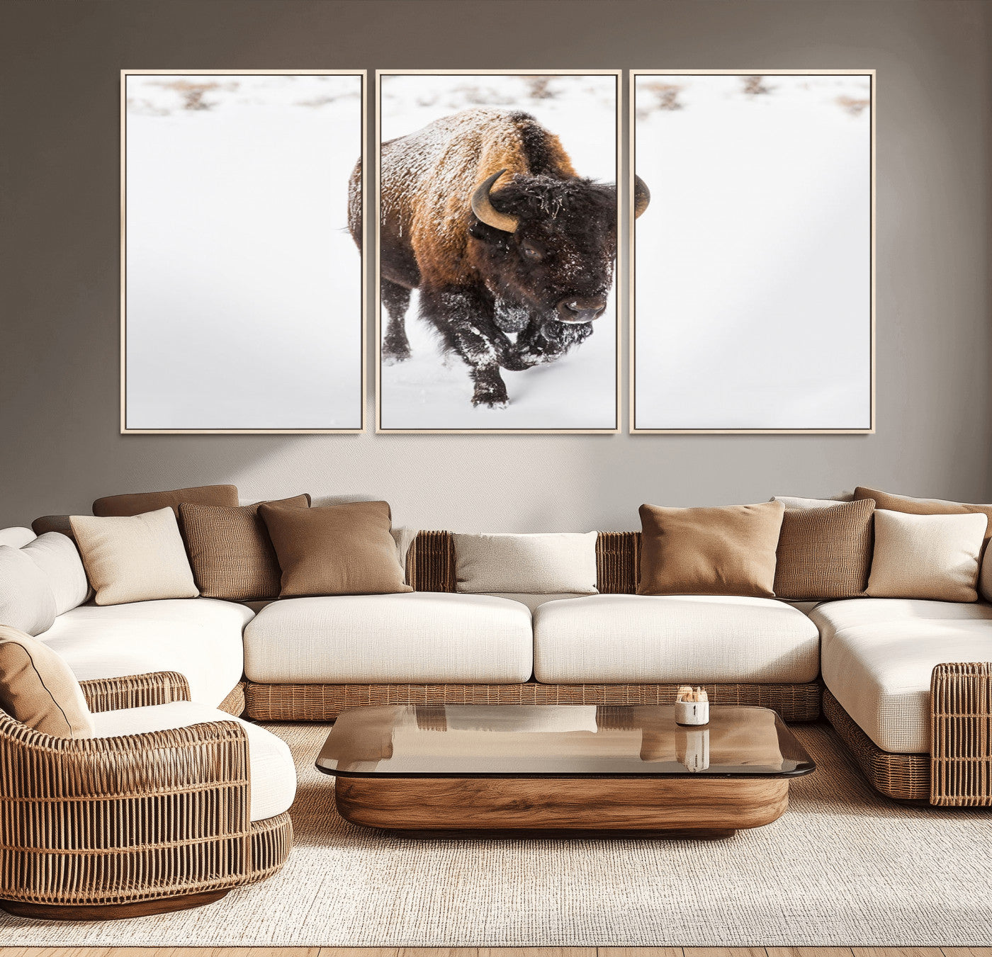 19889-MGV-CV-36X24-Snow Bison Wall Art – Majestic Buffalo Winter Landscape Canvas Print, Rustic Wildlife Photography Decor for Cabin, Lodge, Living