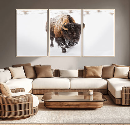 19889-MGV-CV-36X24-Snow Bison Wall Art – Majestic Buffalo Winter Landscape Canvas Print, Rustic Wildlife Photography Decor for Cabin, Lodge, Living