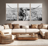 77320-MGV-CV-36X24-Texas Longhorn Wall Art – Black and White Western Cattle Canvas Print, Rustic Farmhouse Animal Photography Decor for Living Room,